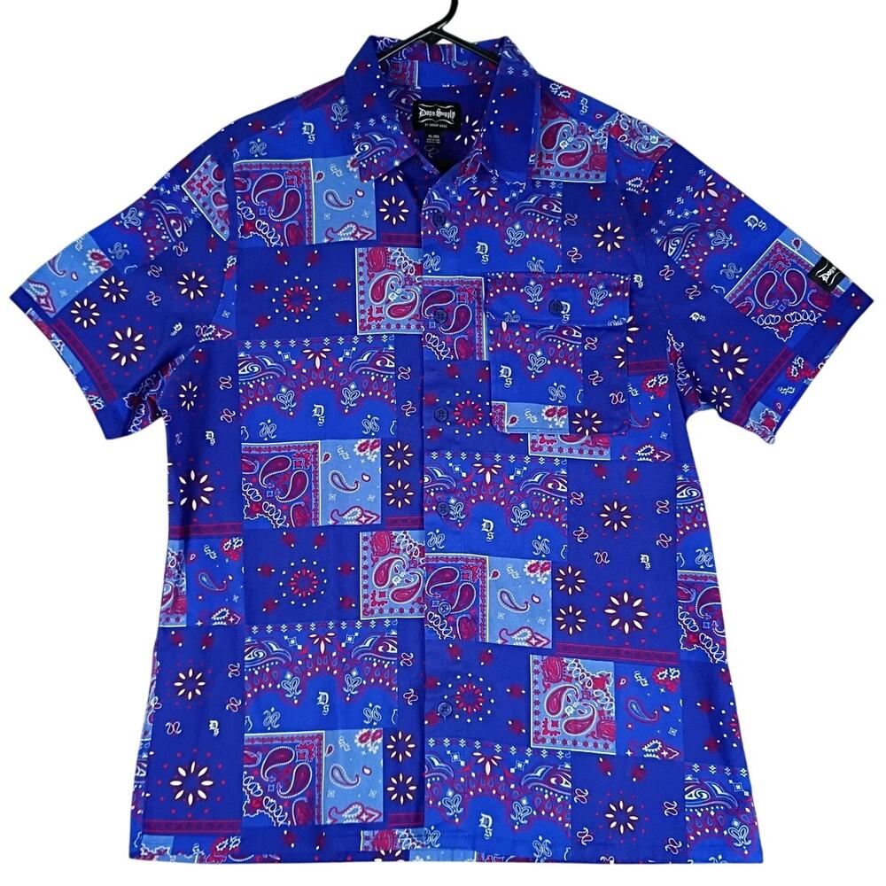 Dogg Supply Paisley Bandana Party Shirt Mens XL Blue Snoop Dogg Short No Tuck